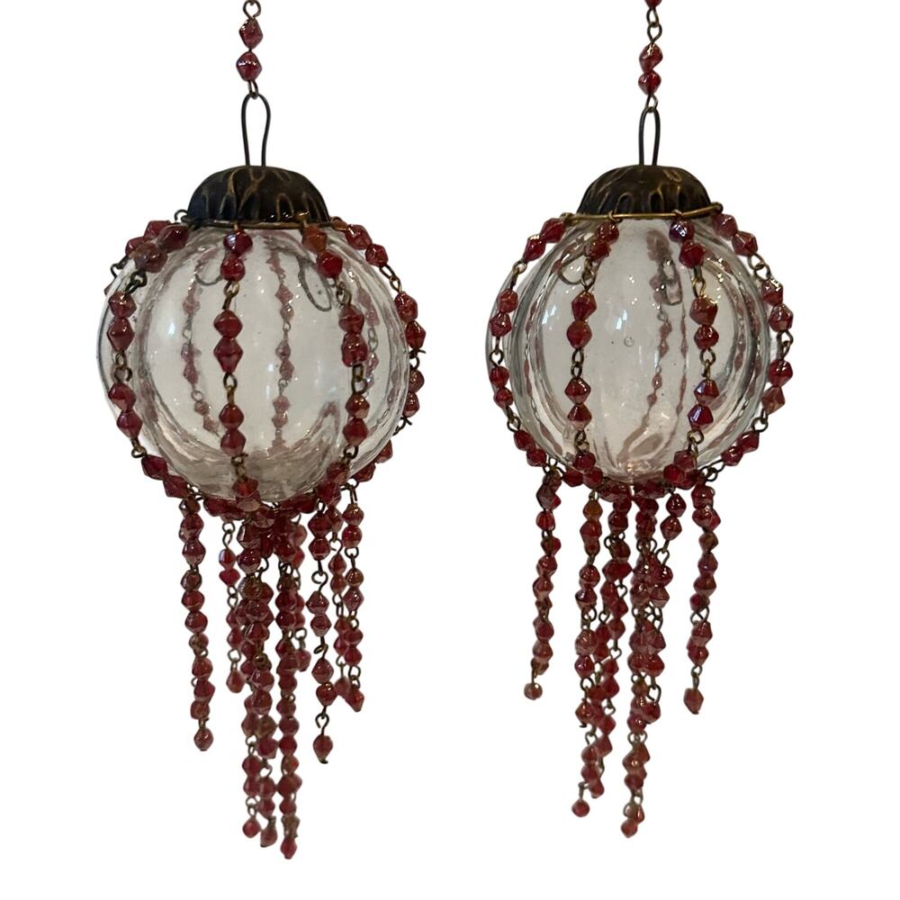 2 Vintage 1970s Kugel Style German Hand Blown Glass Ornament with Red Beads